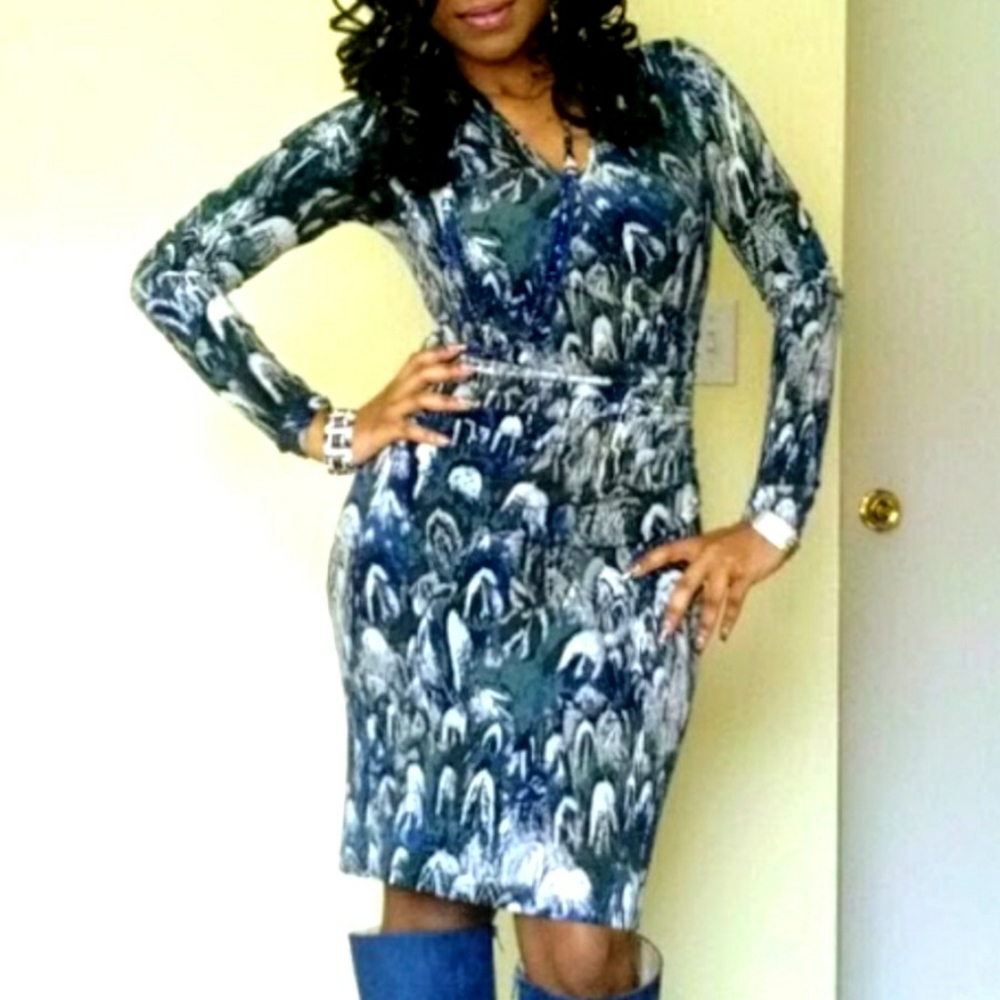 Jennifer Lopez Peacock long sleeve dress sz S